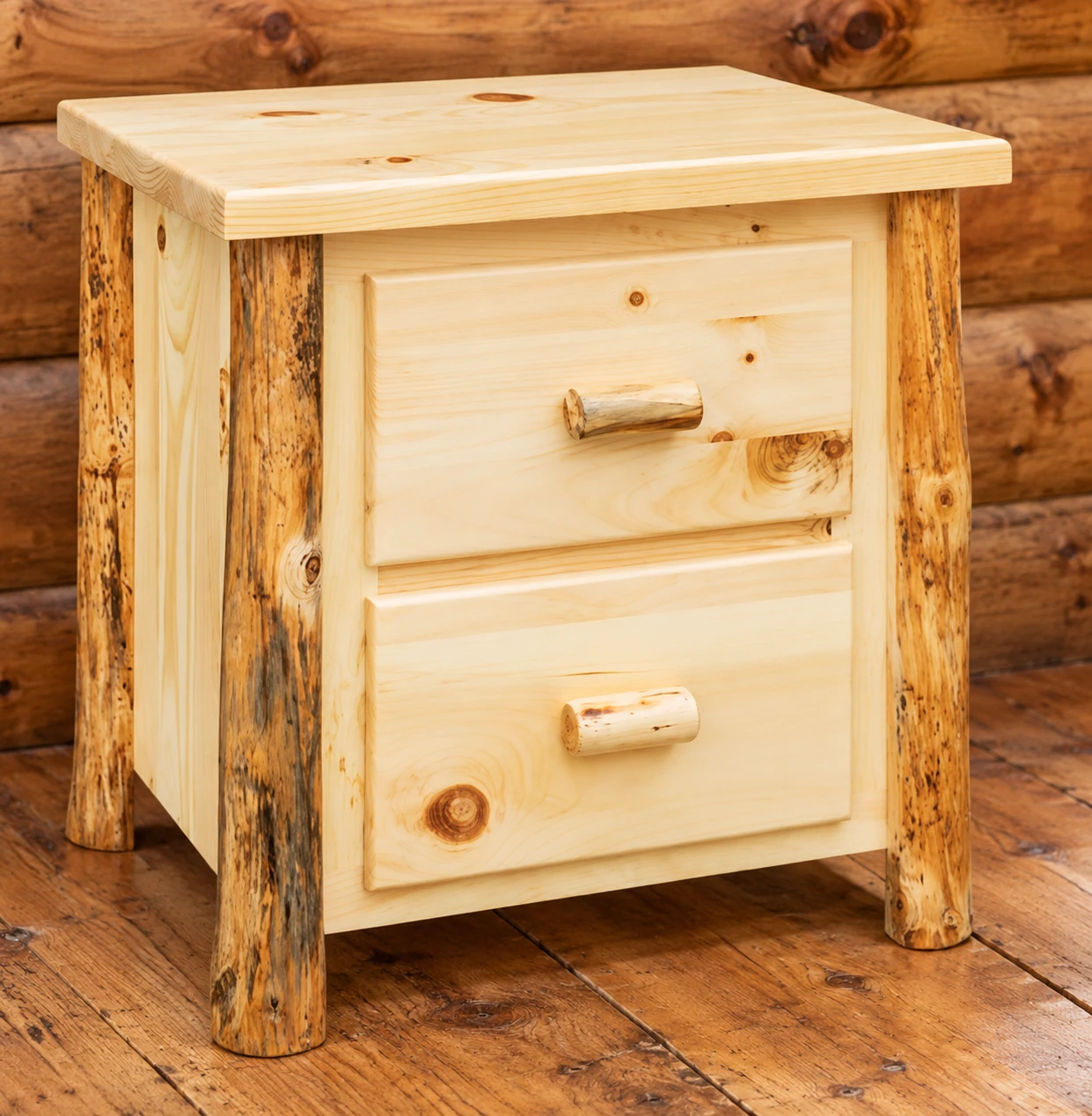 Timber Hollow Rustic Pine Flat-Front Two-Drawer Nightstand in a cabin bedroom