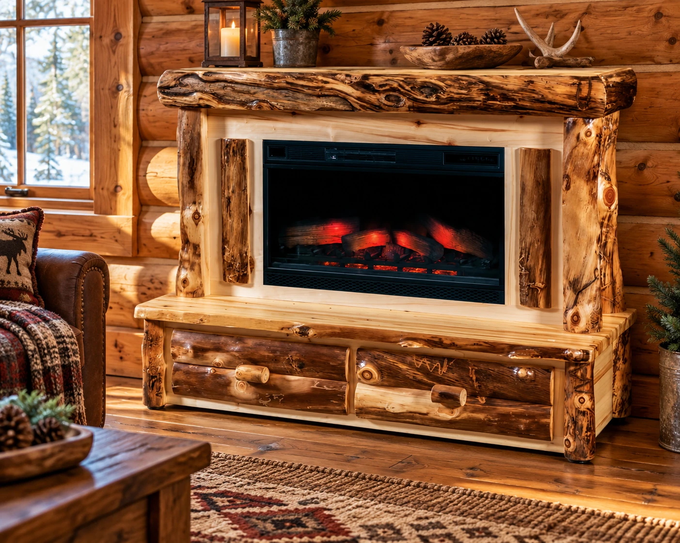 Timber Hollow Aspen Wide Two-Drawer Log-Mantel Fireplace in a cabin living room