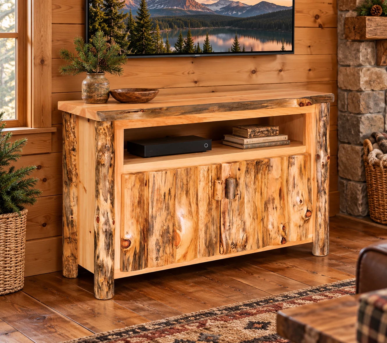 Timber Hollow Rustic Pine Open-Shelf TV Console in a cabin living room