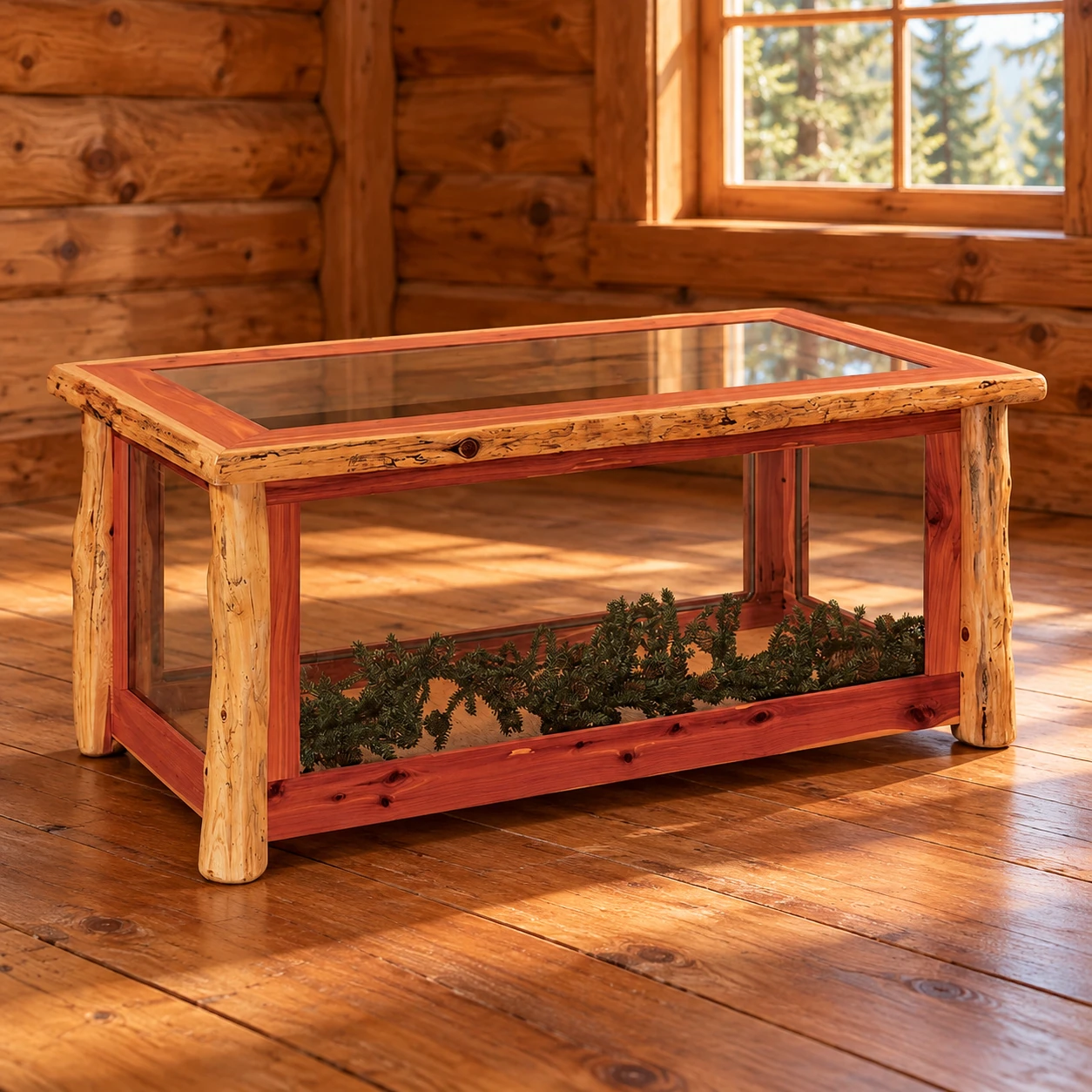 Timber Hollow Red Cedar Glass-Top Coffee Table in a cabin living