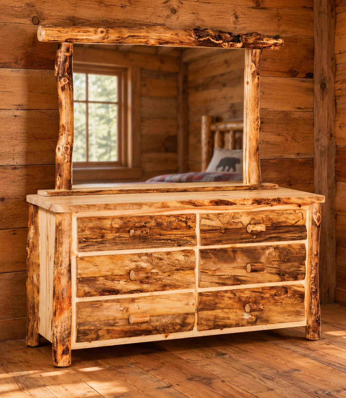 Timber Hollow Aspen Six-Drawer Dresser with Mirror in a cabin bedroom