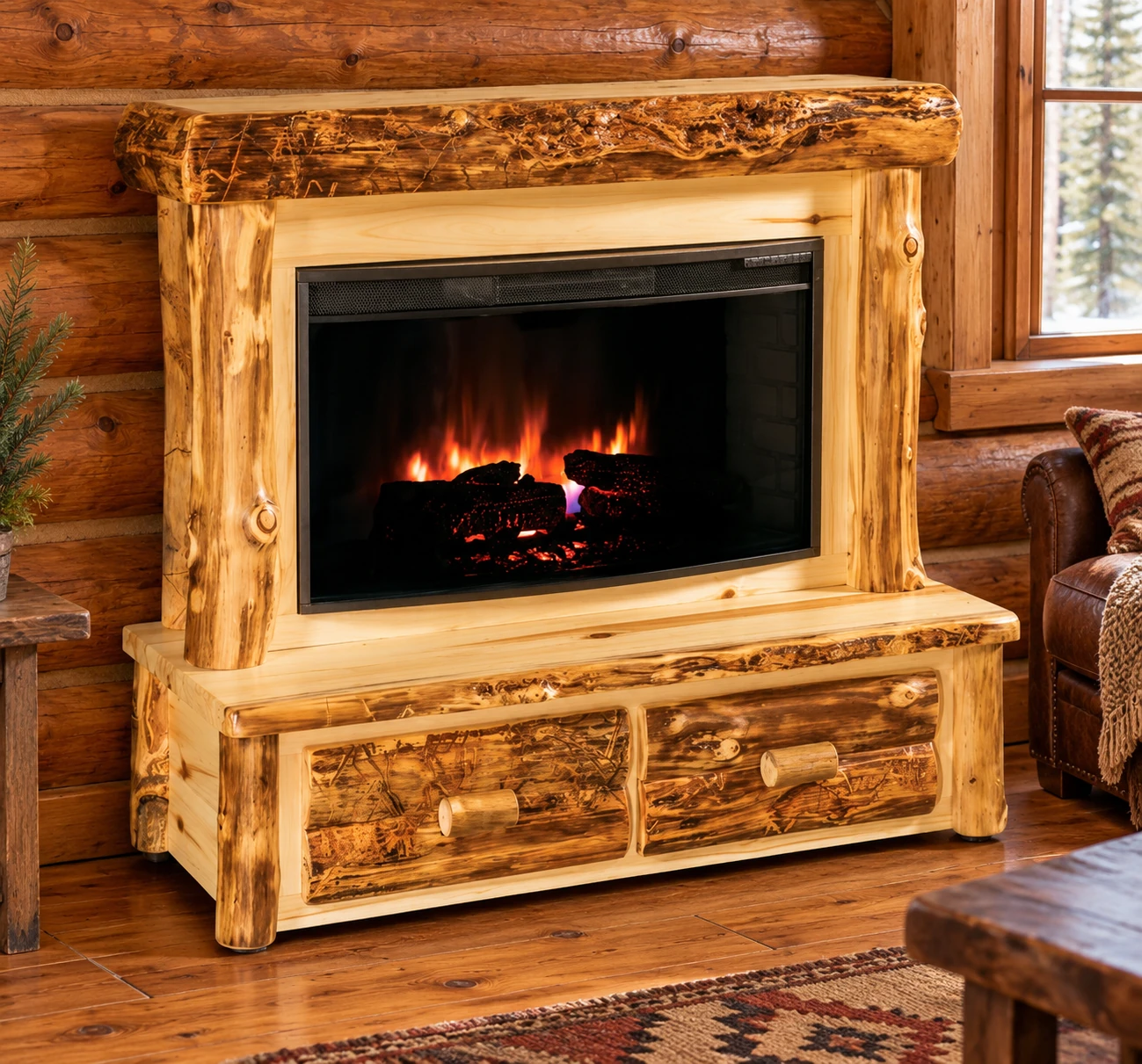 Timber Hollow Aspen Two-Drawer Log-Mantel Fireplace in a cabin living room
