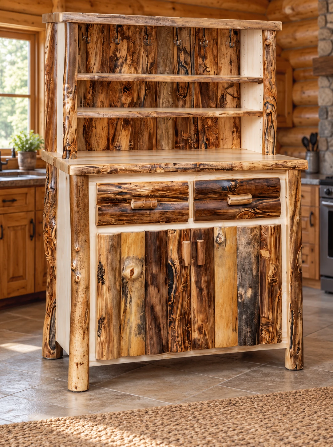 Timber Hollow Aspen Hutch Coffee Bar in a cabin dining room