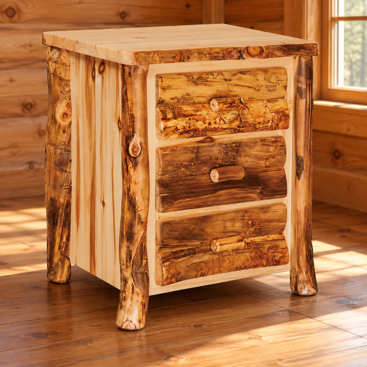 Timber Hollow Aspen Three-Drawer Chest in a cabin bedroom