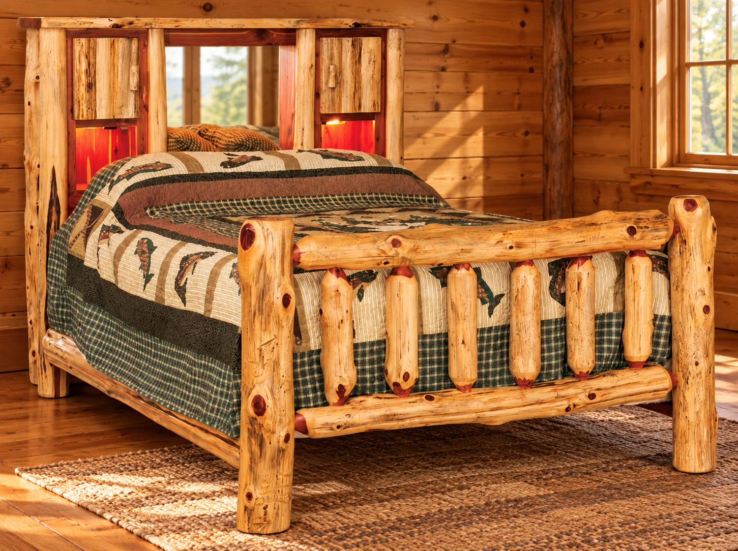 Timber Hollow Red Cedar Queen Bookcase Bed in a cabin bedroom