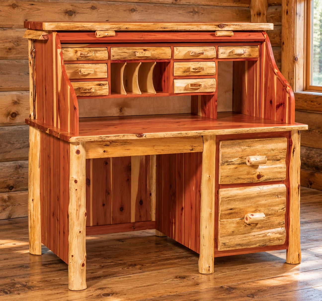 Timber Hollow Red Cedar Single-Pedestal Rolltop Desk in a cabin office