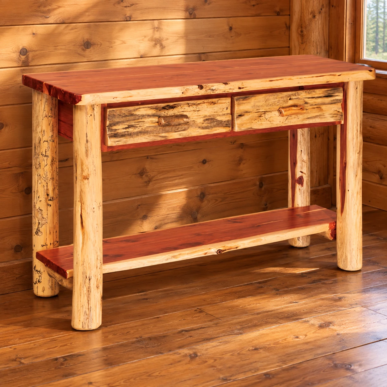 Timber Hollow Red Cedar Two-Drawer Sofa Table in a cabin living