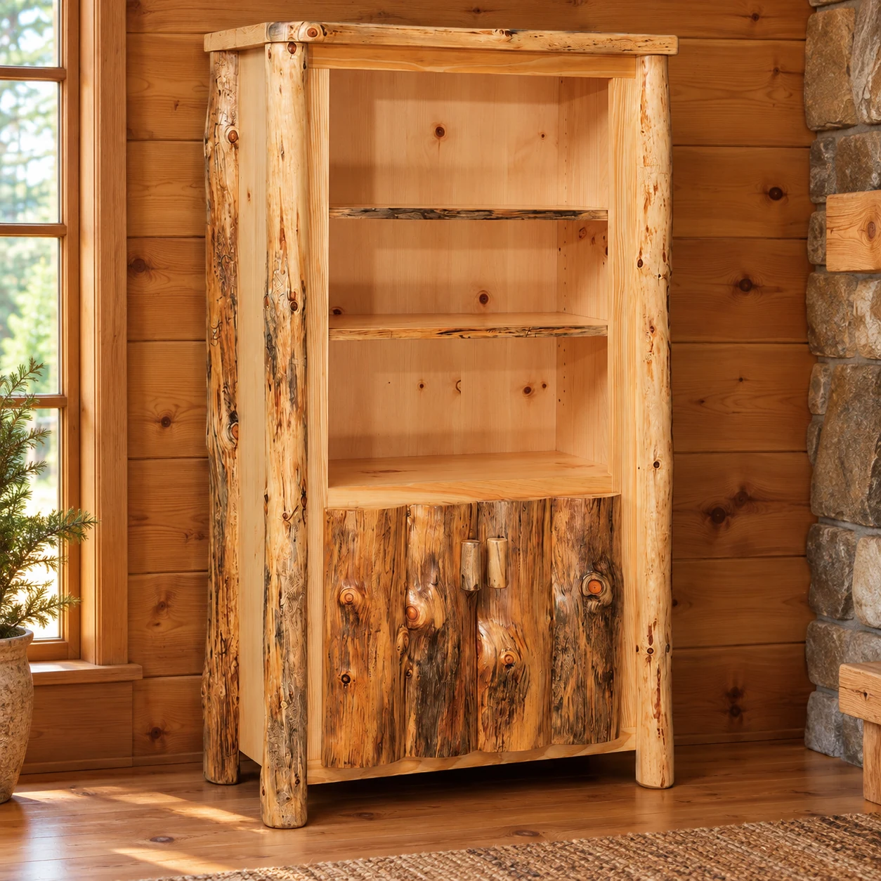 Timber Hollow Rustic Pine Door-Base Bookcase in a cabin office