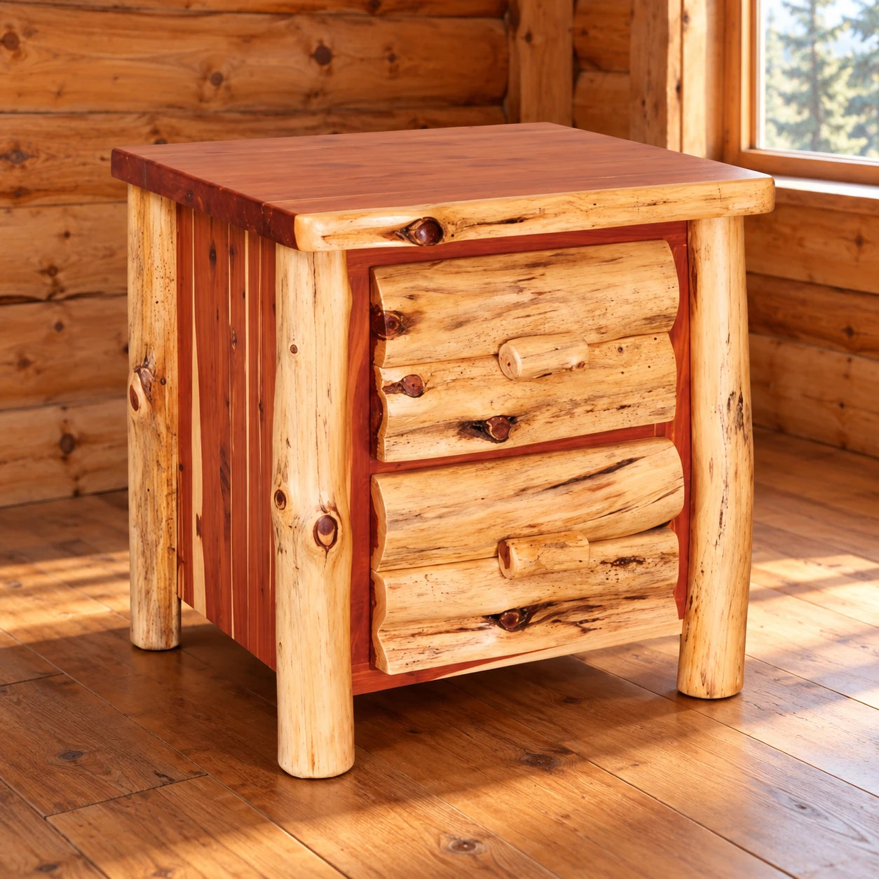 Timber Hollow Red Cedar Two-Drawer Nightstand in a cabin bedroom