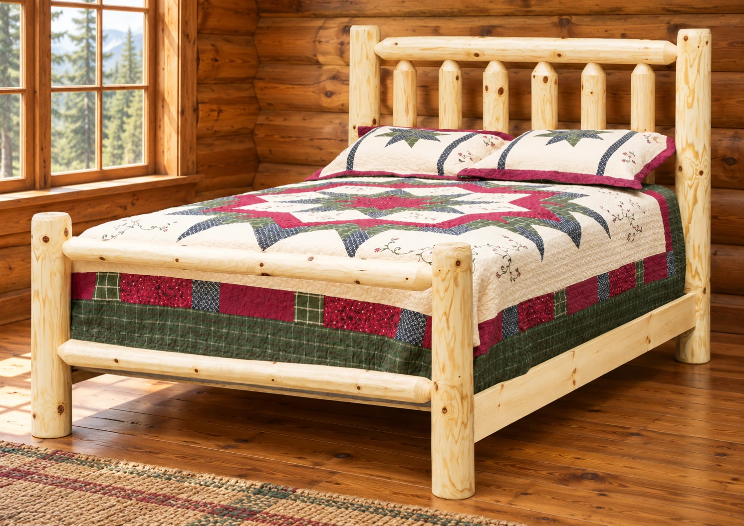 Timber Hollow Plain Pine Flat-Rail Bed in a cabin bedroom