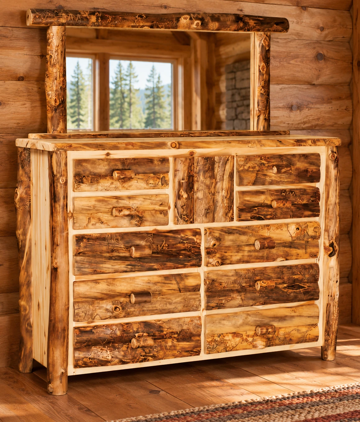 Timber Hollow Aspen Ten-Drawer Dresser with Mirror in a cabin bedroom