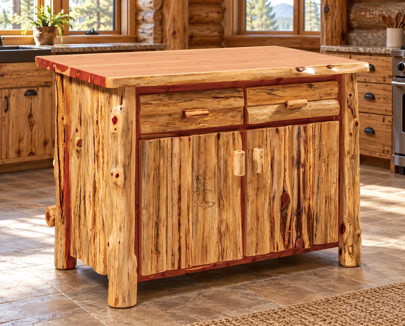 Timber Hollow Red Cedar Rollout-Storage Kitchen Island in a cabin dining room
