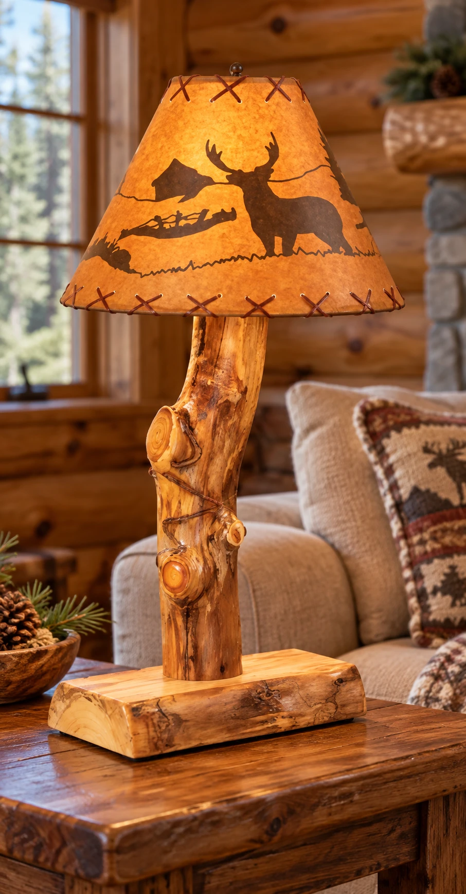 Timber Hollow Aspen Log Table Lamp in a cabin living room