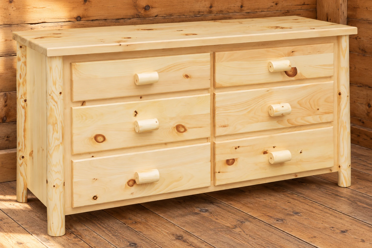 Timber Hollow Plain Pine Flat-Front Six-Drawer Dresser in a cabin bedroom