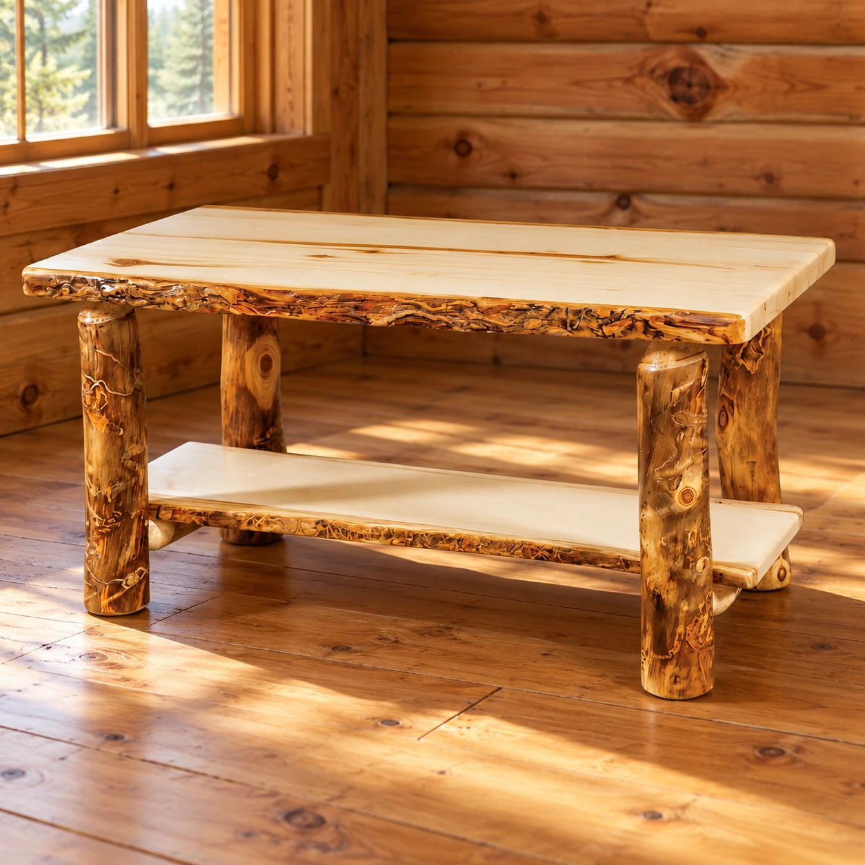 Timber Hollow Aspen Shelf Coffee Table in a cabin living