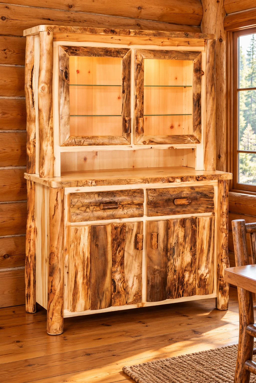 Timber Hollow Aspen Glass-Door Kitchen Hutch in a cabin dining room