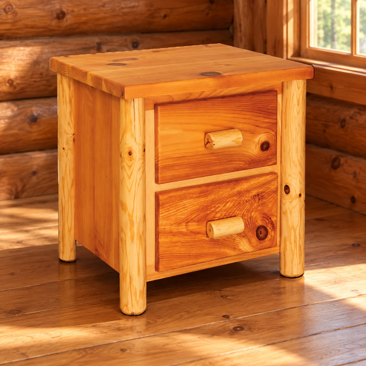 Timber Hollow Plain Pine Two-Drawer Nightstand in a cabin bedroom