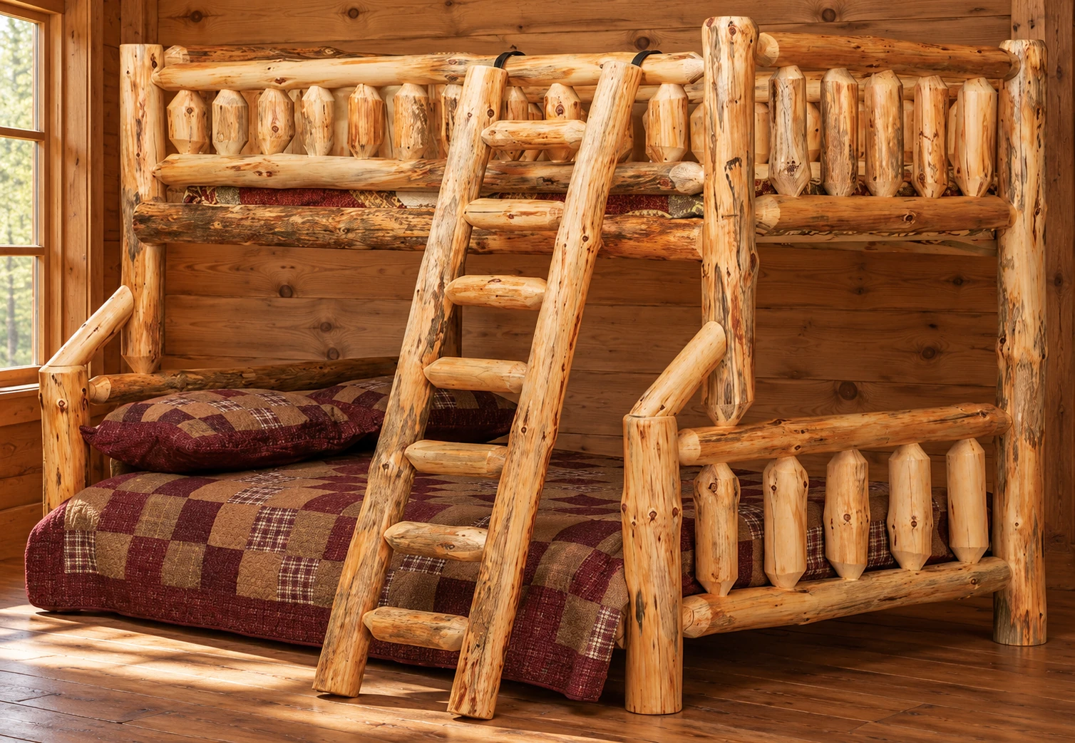 Timber Hollow Rustic Pine Spindle Bunk Bed · Standard construction in a cabin bedroom