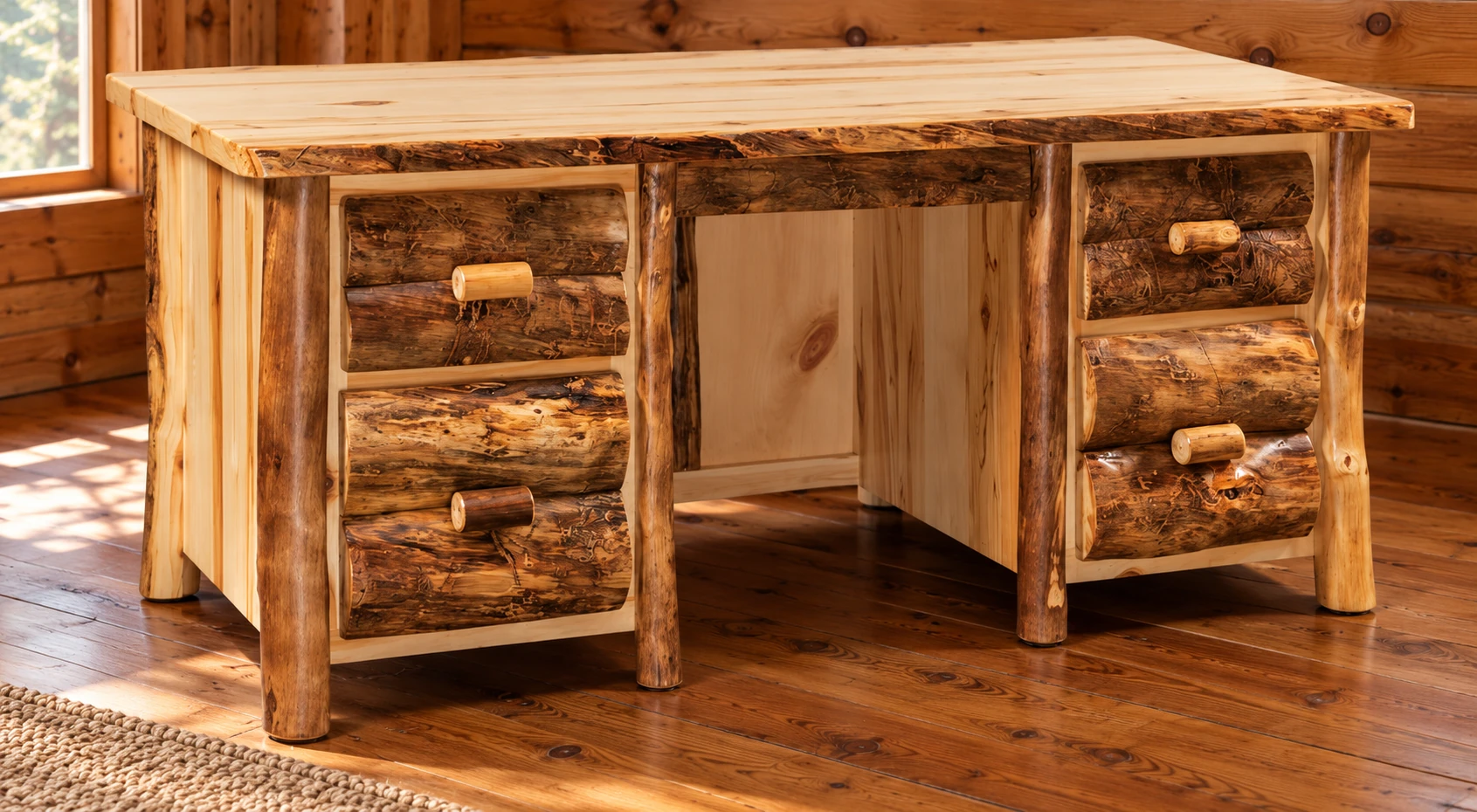 Timber Hollow Aspen Double-Pedestal Desk in a cabin office