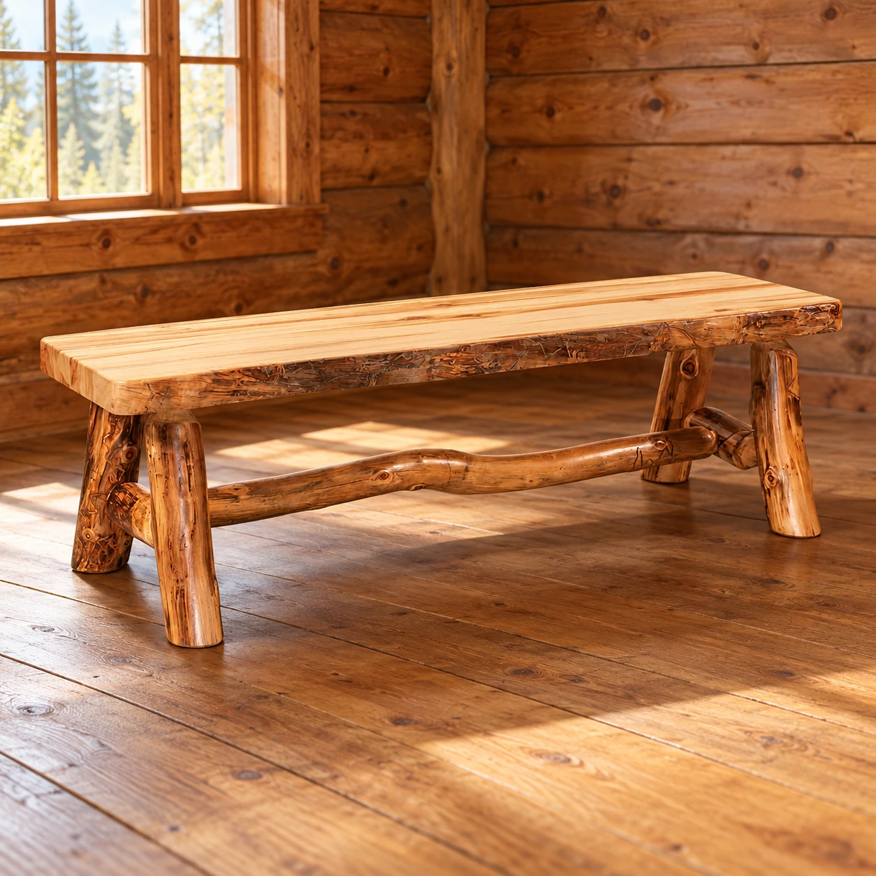 Timber Hollow Aspen Five-Foot Live-Edge Bench in a cabin dining