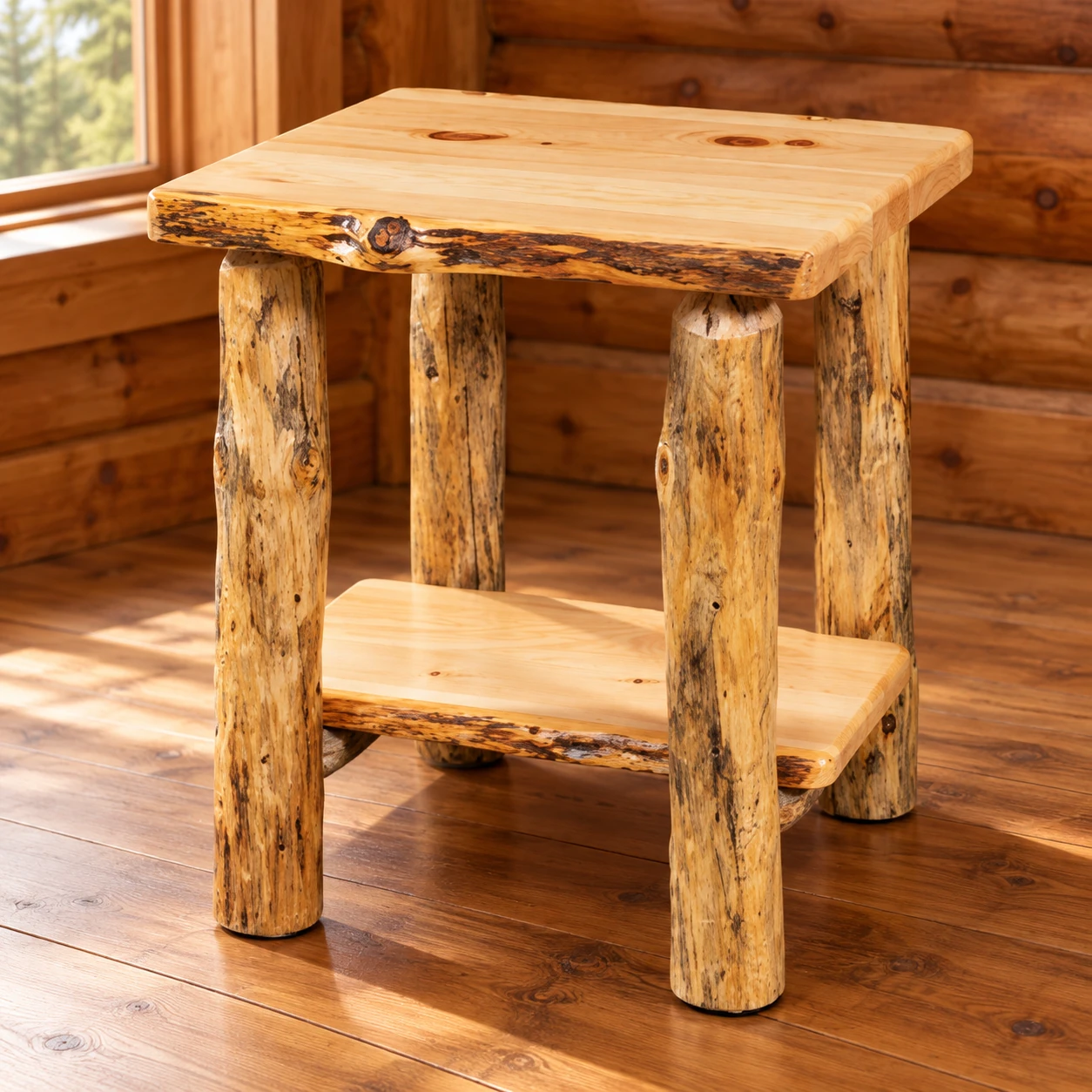 Timber Hollow Rustic Pine Shelf End Table in a cabin living