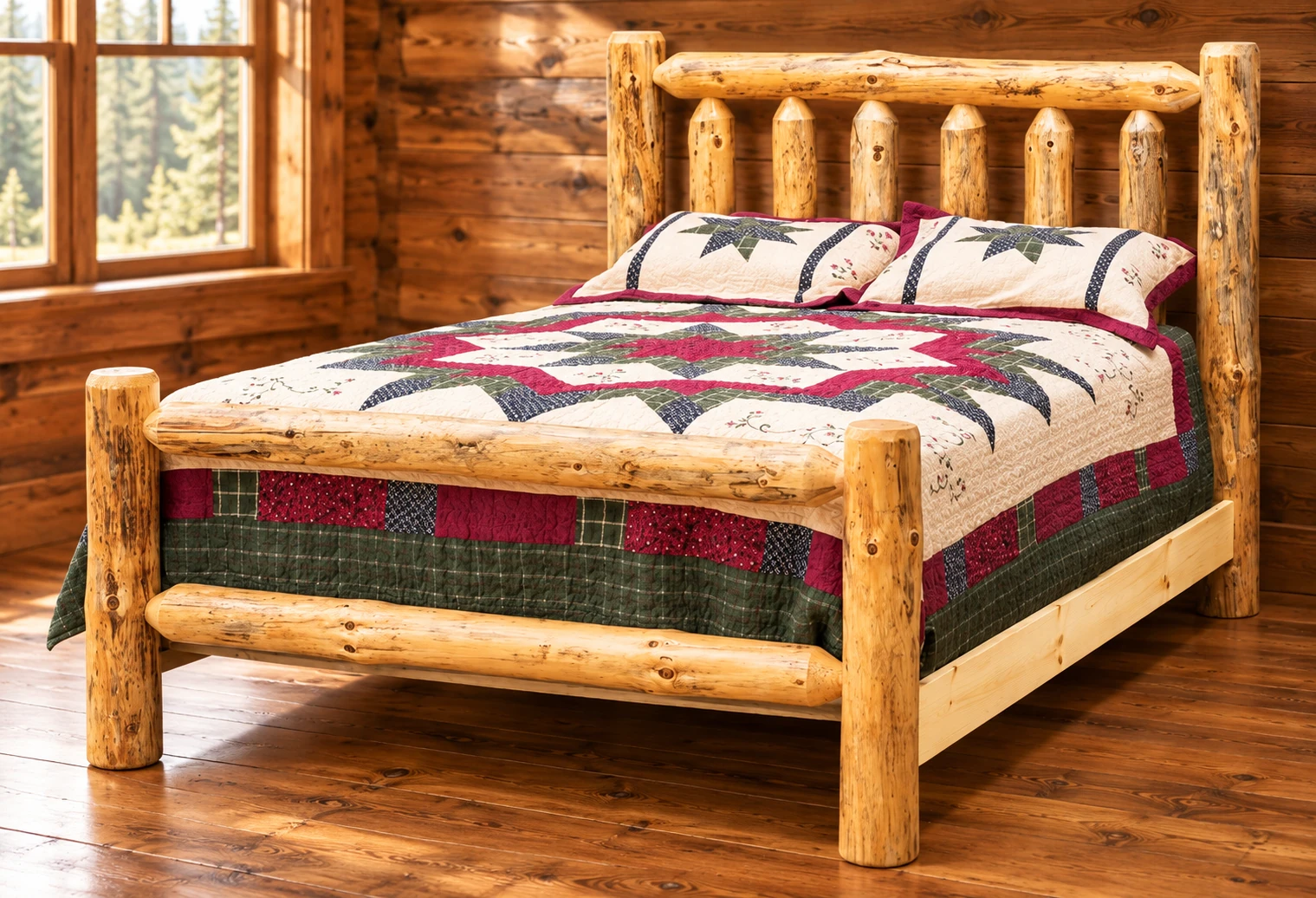 Timber Hollow Rustic Pine Flat-Rail Bed in a cabin bedroom
