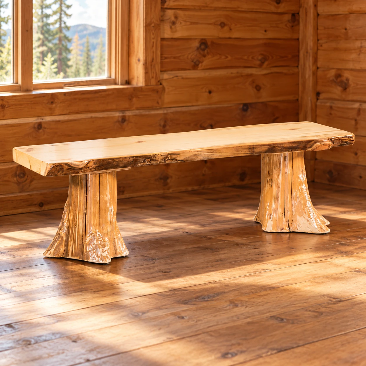 Timber Hollow Aspen Stump-Base Six-Foot Live-Edge Bench in a cabin dining