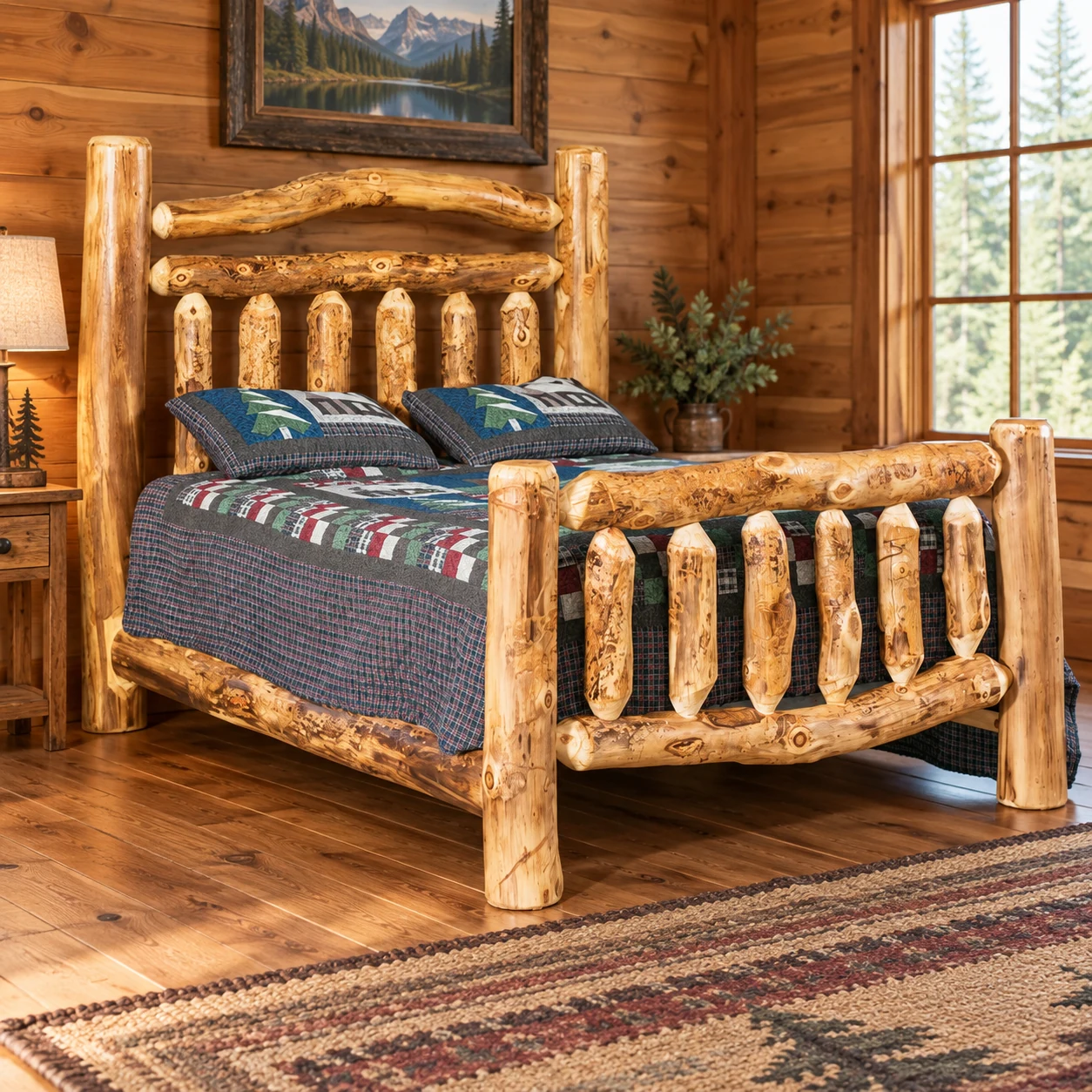 Timber Hollow Aspen High-Rail Log Bed in a cabin bedroom