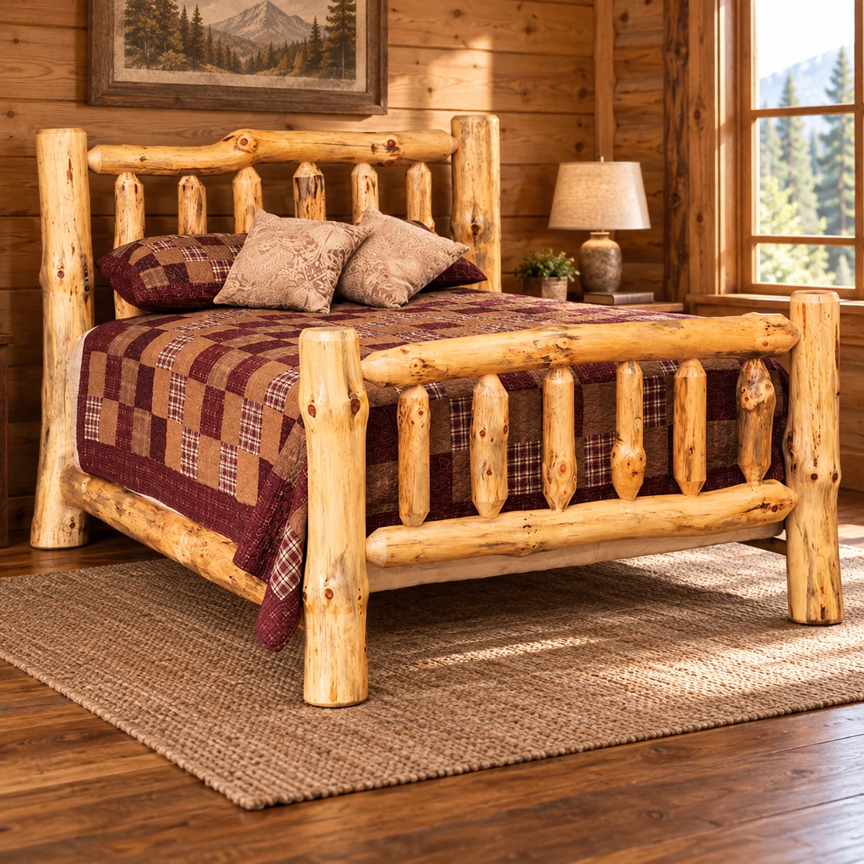 Timber Hollow Rustic Pine Spindle Bed in a cabin bedroom