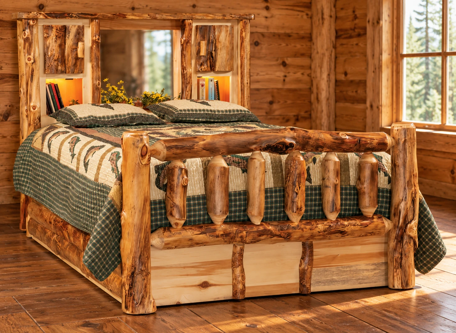 Timber Hollow Aspen Queen Bookcase Bed with Six Storage Drawers in a cabin bedroom