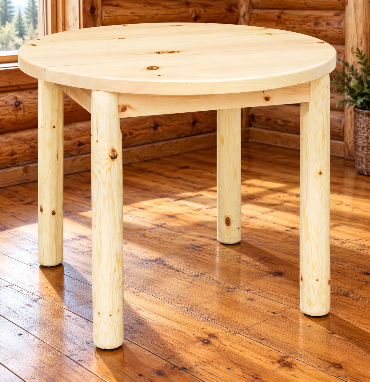 Timber Hollow Plain Pine Round Log-Leg Dining Table in a cabin dining room