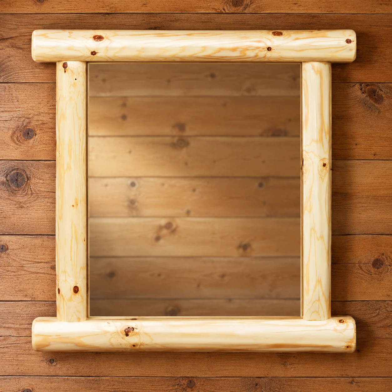 Timber Hollow Plain Pine Large Log-Frame Mirror in a cabin bedroom