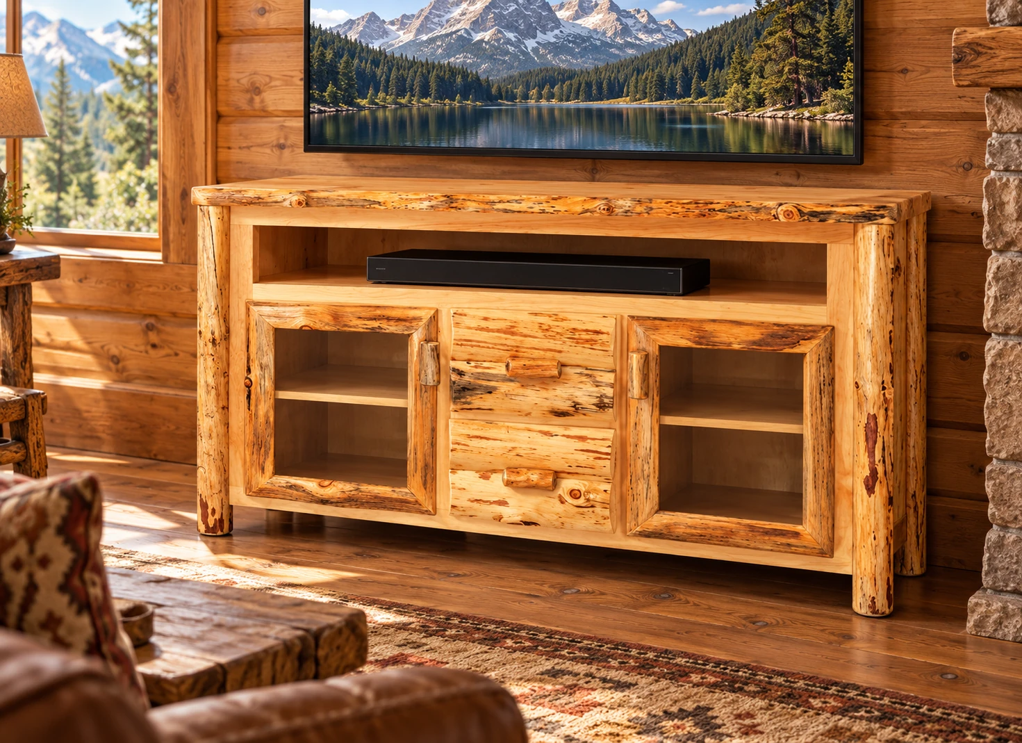 Timber Hollow Rustic Pine Glass-Door Drawer TV Console in a cabin living room