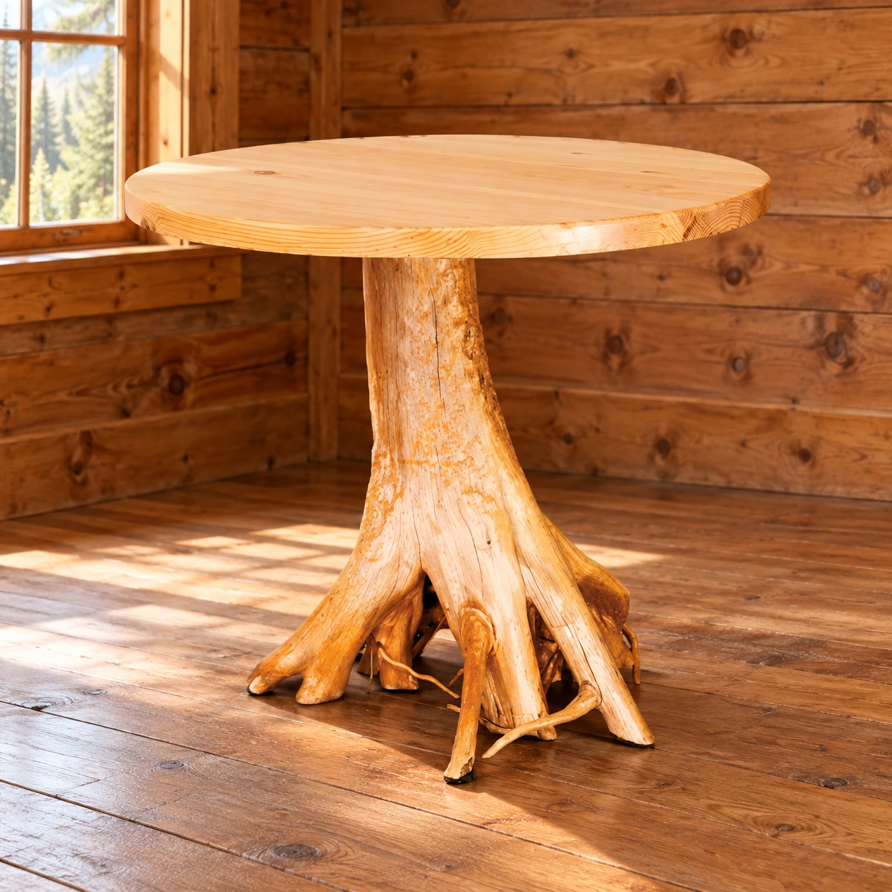 Timber Hollow Rustic Pine Round Stump Dining Table in a cabin dining