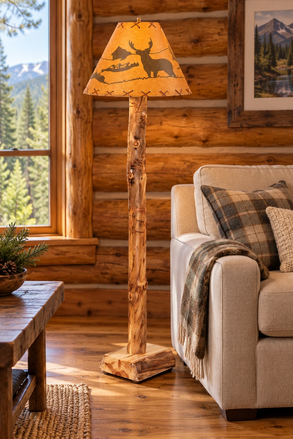 Timber Hollow Aspen Log Floor Lamp in a cabin living room