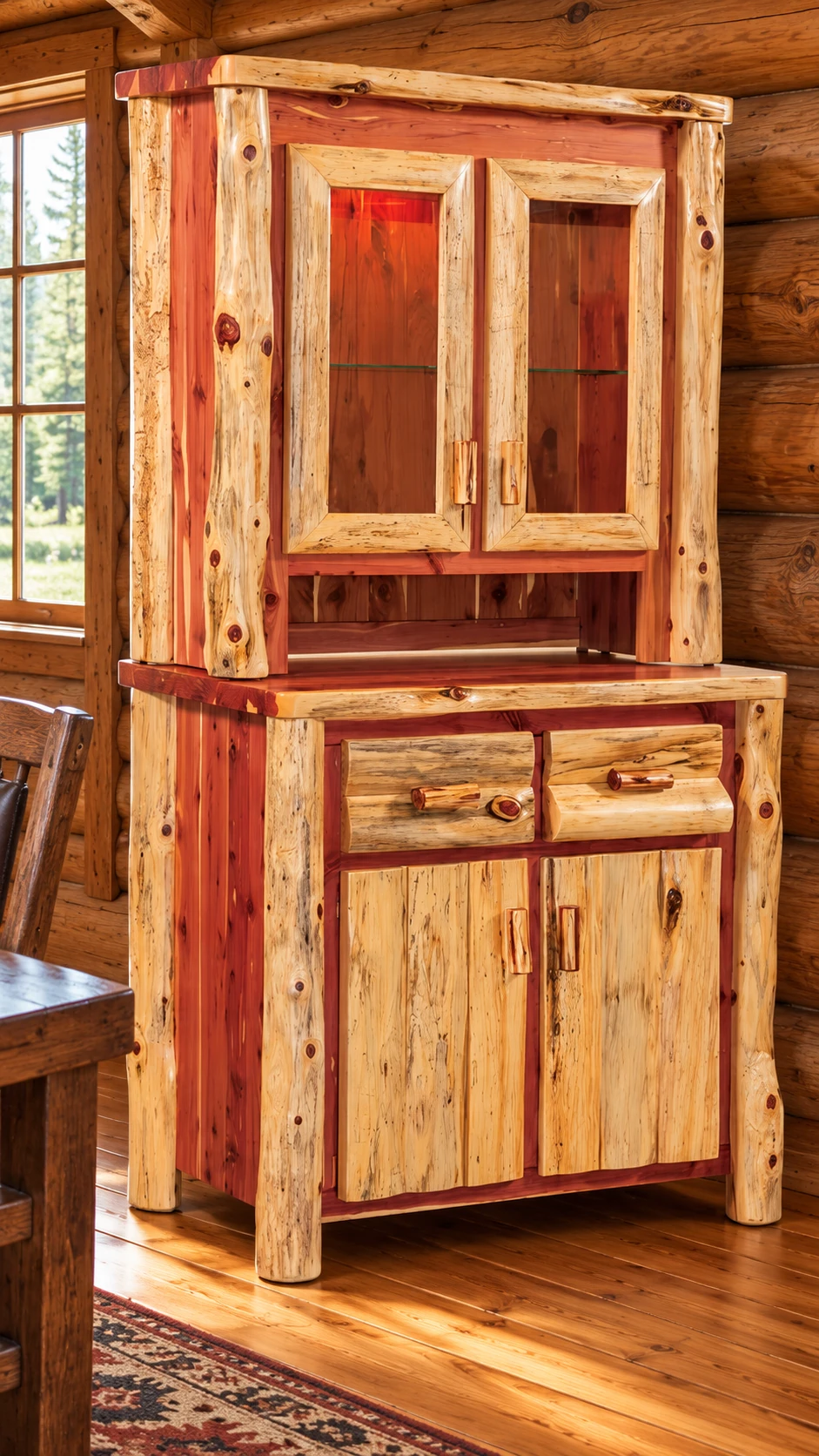 Timber Hollow Red Cedar Small Glass-Door Kitchen Hutch in a cabin dining room