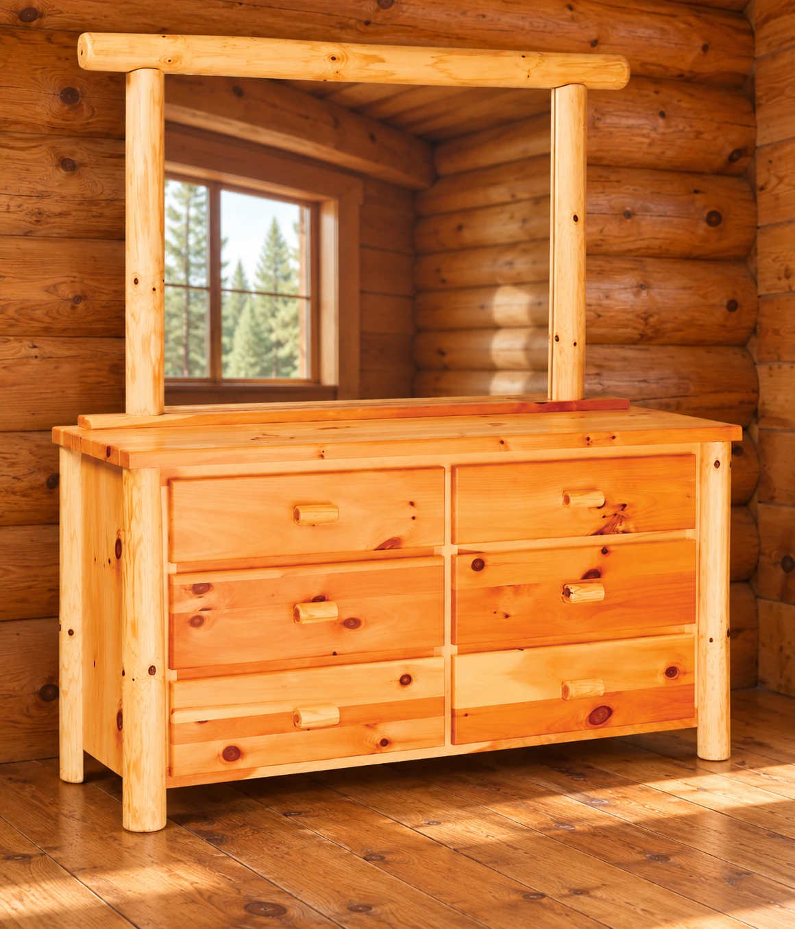 Timber Hollow Plain Pine Six-Drawer Dresser with Mirror in a cabin bedroom