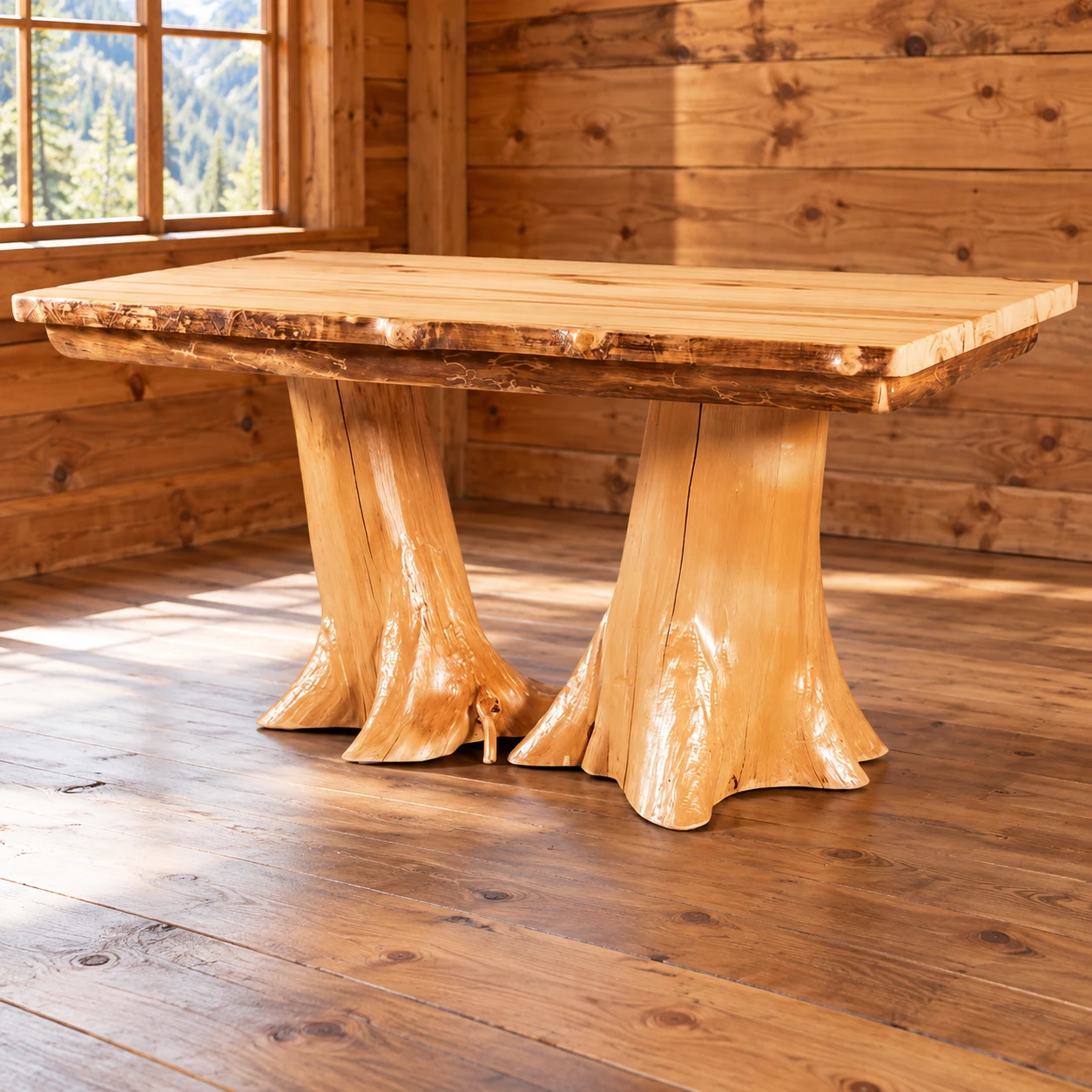 Timber Hollow Aspen Double-Stump Counter Table in a cabin dining