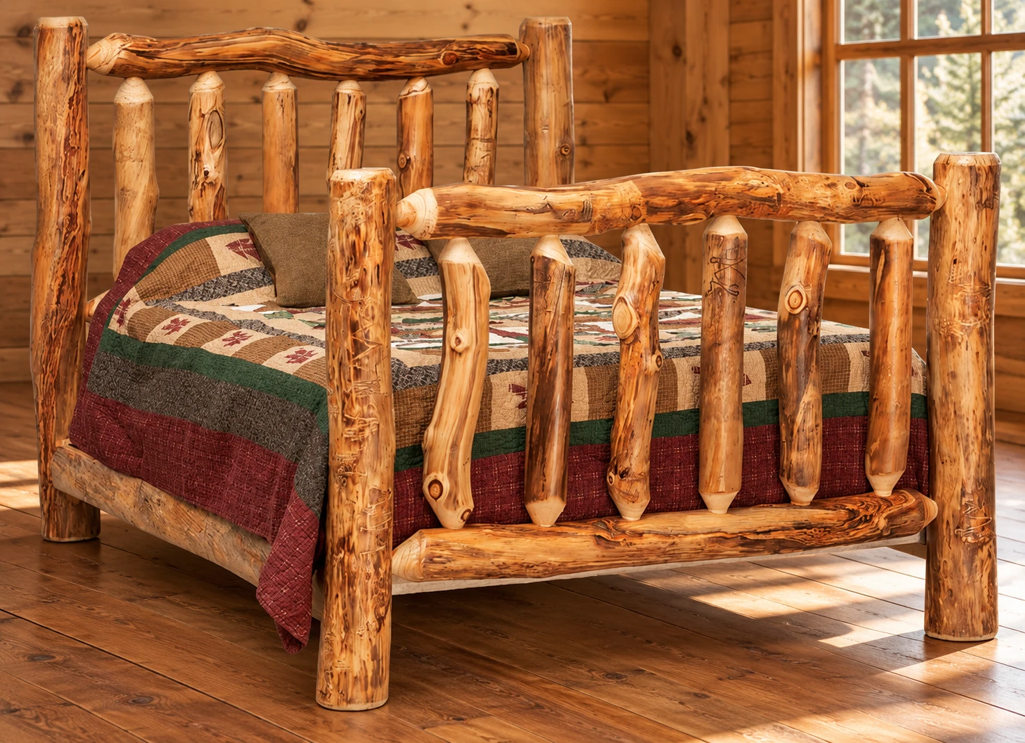 Timber Hollow Aspen Extra-High Spindle Bed in a cabin bedroom
