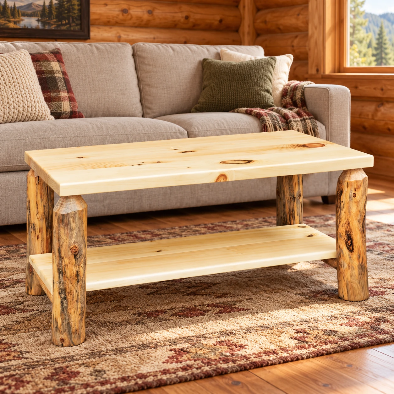 Timber Hollow Rustic Pine Coffee Table with Shelf in a cabin living room