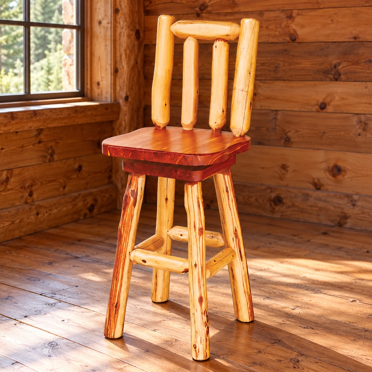 Timber Hollow Red Cedar Swivel Bar Stool in a cabin dining