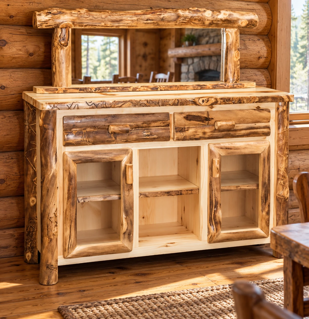Timber Hollow Aspen Glass-Door Sideboard with Mirror in a cabin dining room