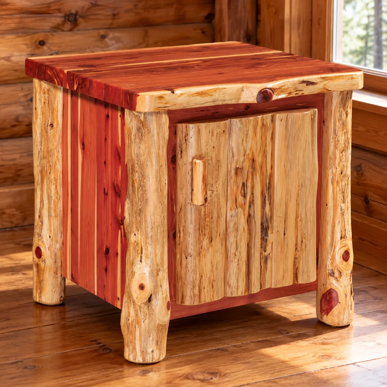 Timber Hollow Red Cedar Cabinet End Table in a cabin living