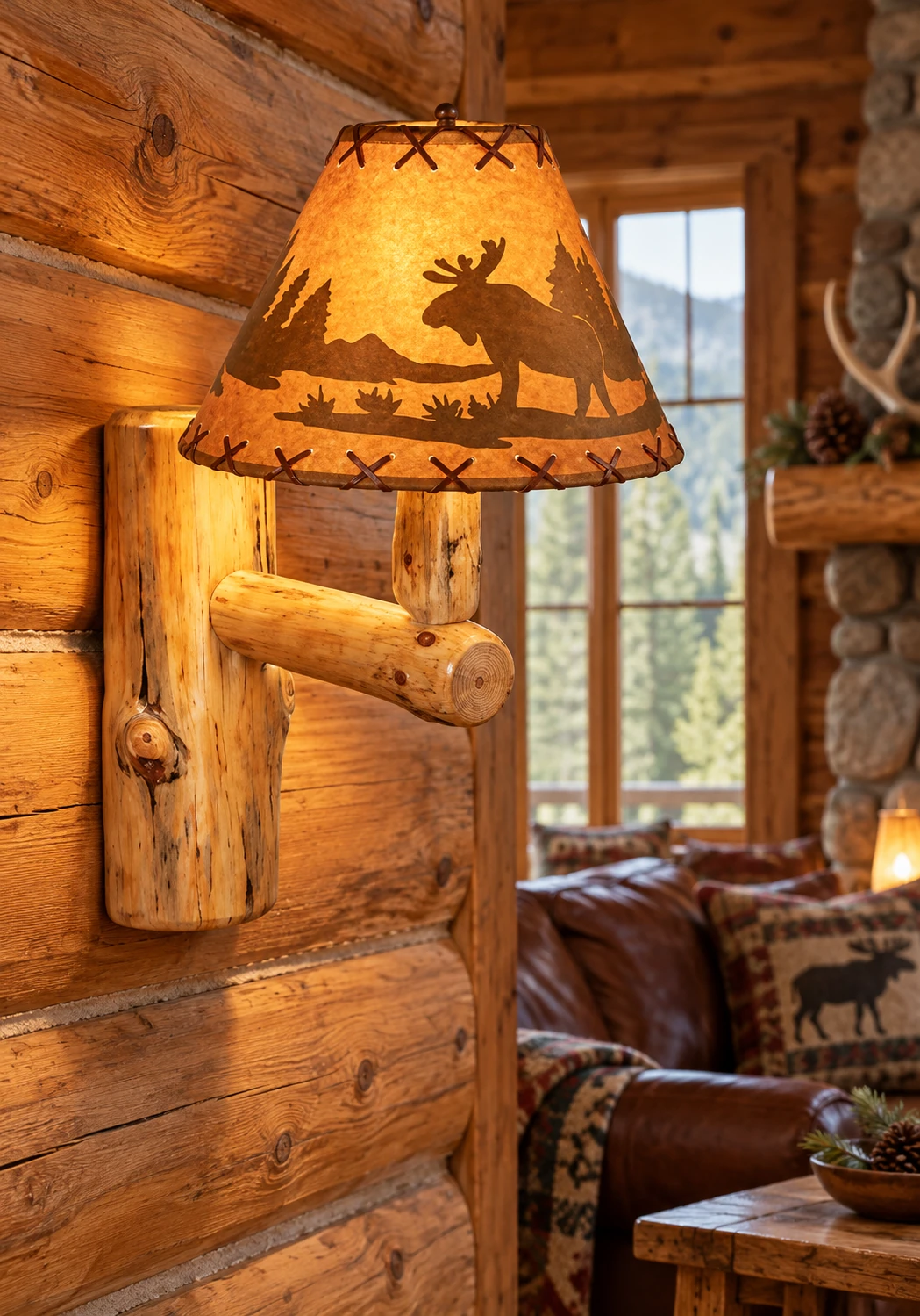 Timber Hollow Rustic Pine Log Wall Lamp in a cabin living room