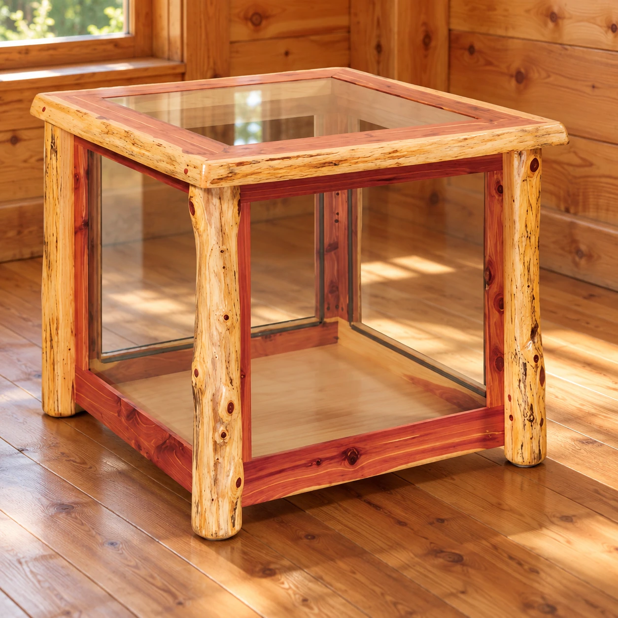 Timber Hollow Red Cedar Glass-Panel End Table in a cabin living