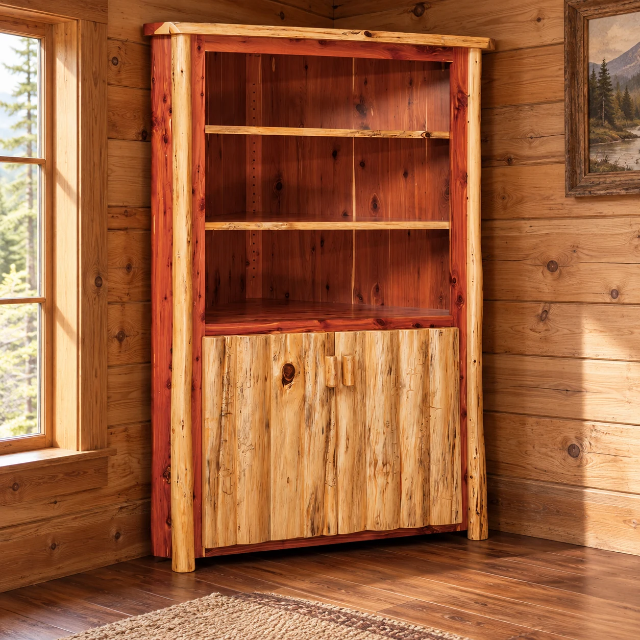 Timber Hollow Red Cedar Wide Corner Cabinet in a cabin office