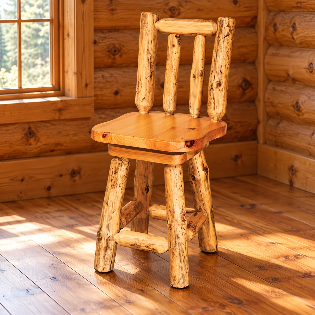 Timber Hollow Aspen Swivel Bar Stool in a cabin dining