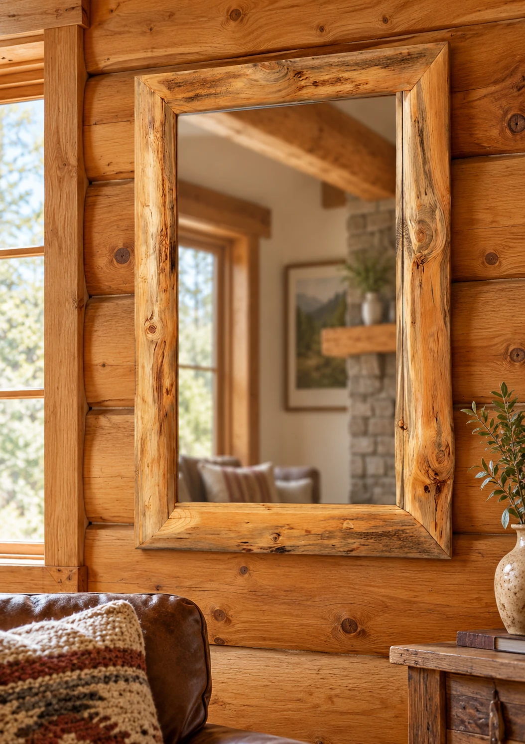 Timber Hollow Rustic Pine Wood-Frame Wall Mirror in a cabin living room