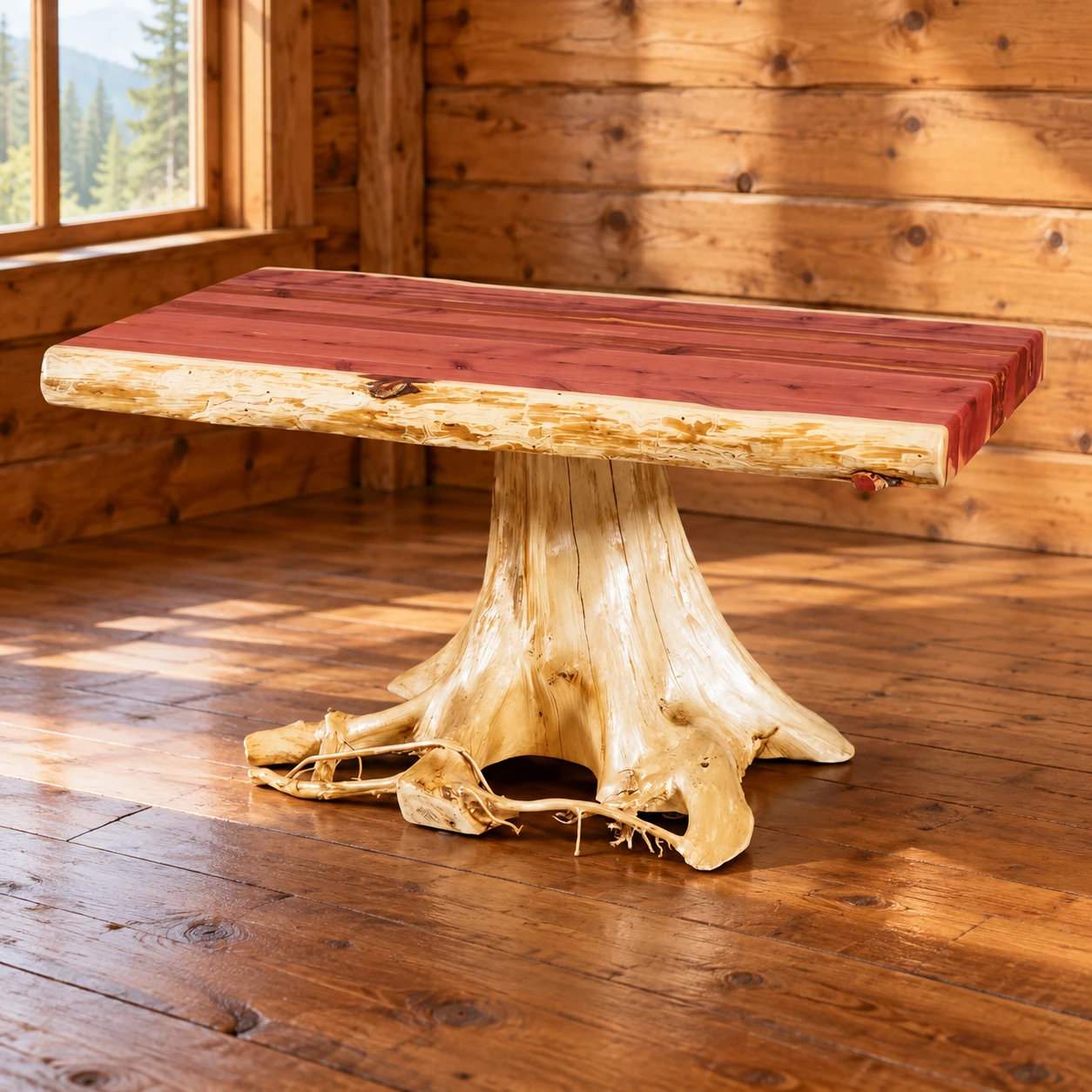 Timber Hollow Red Cedar Stump-Base Coffee Table in a cabin living