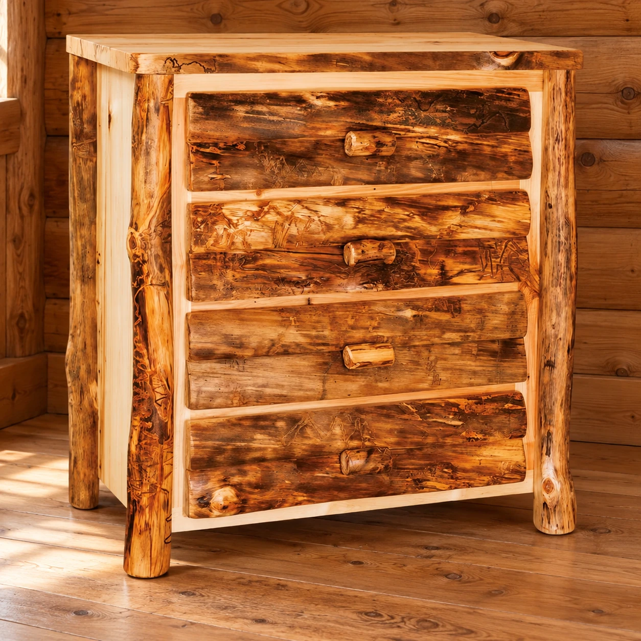 Timber Hollow Aspen Four-Drawer Chest in a cabin bedroom